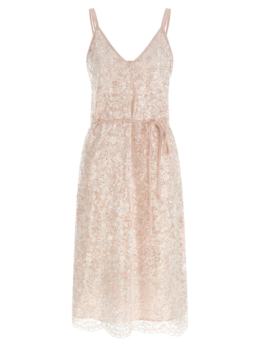 Dress by Twinset for women in polyester sequins multicolor, pink & transparent features an eye catching silhouette with a sophisticated v-neck neckline, elegant sleeveless, and a refined midi for a eye catching aesthetic.