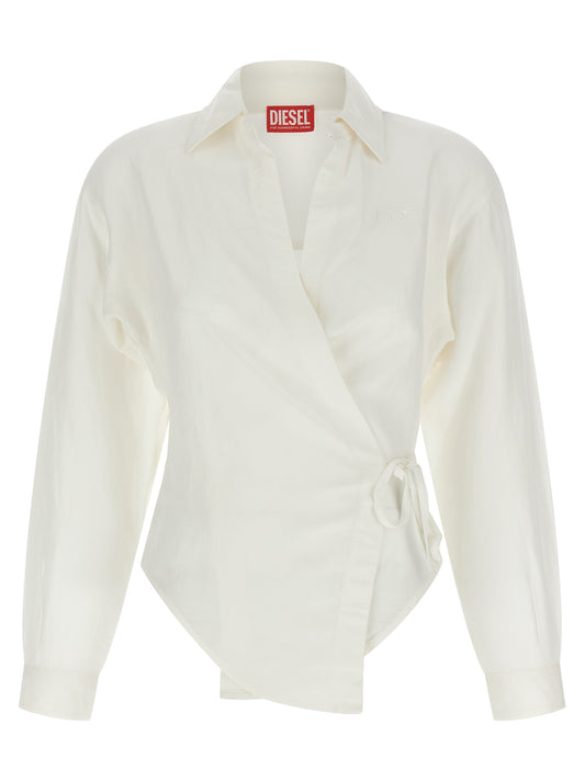 Blouse by Diesel for women in viscose modal & linen white showcases a sharp silhouette, elegantly detailed with a sharp v-neck neckline and sharp .