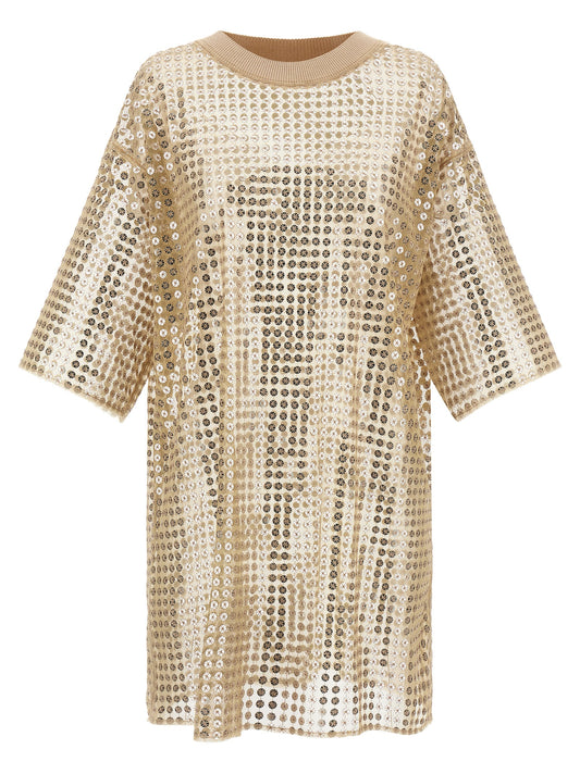 Dress by Fabiana Filippi for women in polyester sequins beige & transparent features an eye catching silhouette with a sophisticated crew neckline, elegant short-sleeve, and a refined short mini for a eye catching aesthetic.