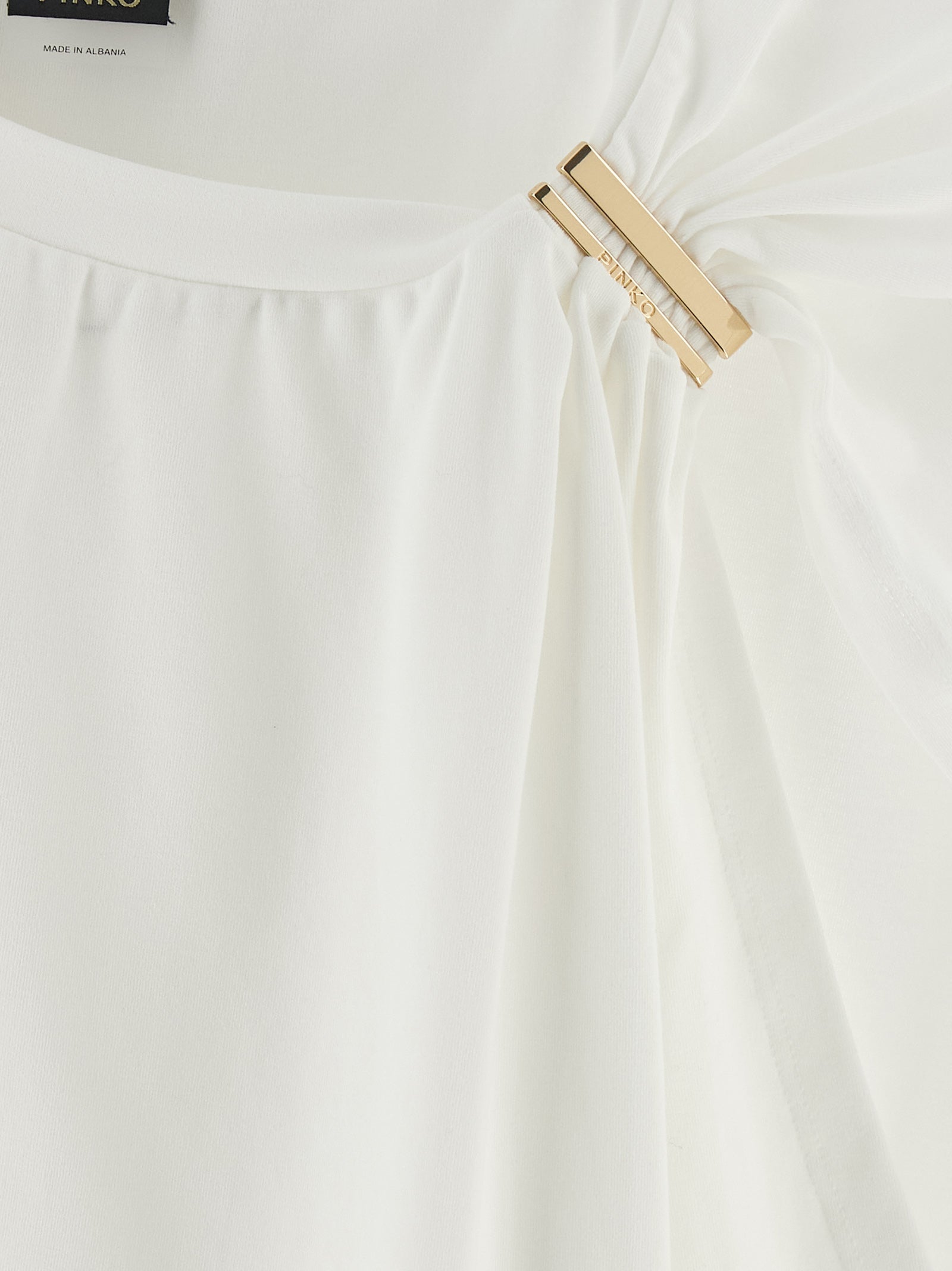 T-Shirt by PINKO for women in stretch cotton white showcases a dramatic silhouette, elegantly detailed with a dramatic and for a truly dramatic finish.