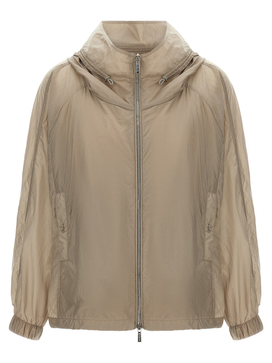 Hooded Windbreaker Jacket by MooRER for women in polyester beige showcases a urban chic silhouette, detailed with a urban chic hooded high-neck neckline and functional pockets, hooded & windproof for a polished finish.