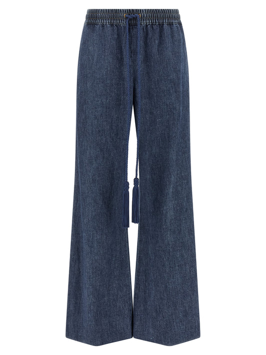 Jeans by Valentino Garavani for women in denim cotton blue features an sartorial flared & wide and long with a cut for a sartorial finish.
