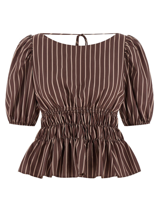 Shirt by PINKO for women in viscose & polyamide brown, patterned & striped features an architectural silhouette with a refined and elegant boat neckline for a architectural look.