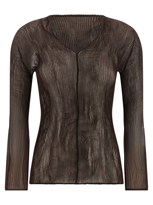 Issey Miyake Women's Long-Sleeve V Neck Polyester Chiffon Blouse - Brown Transparent