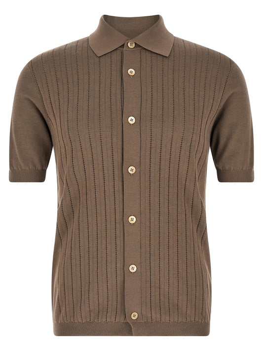 Shirt by Brunello Cucinelli for men in cotton brown & pearl showcases a sleek silhouette, elegantly detailed with a sleek and for a sleek finish.