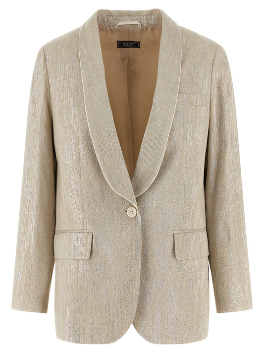 Blazer by Peserico for women in linen poly cotton & viscose beige, pearl & monogram showcases a polished silhouette, highlighted by a refined shawl-collar neckline and polished for a sophisticated finish.