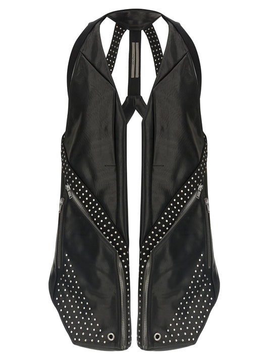 Vest by Rick Owens for men in bos taurus bull leather black & natural showcases a dynamic silhouette, perfectly balancing pockets with a dynamic for a sophisticated, high-fashion look.