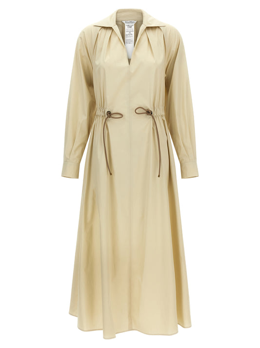 Dress by Max Mara for women in cotton beige features a dramatic silhouette, showcasing an elegant and that flows into a dramatic long.