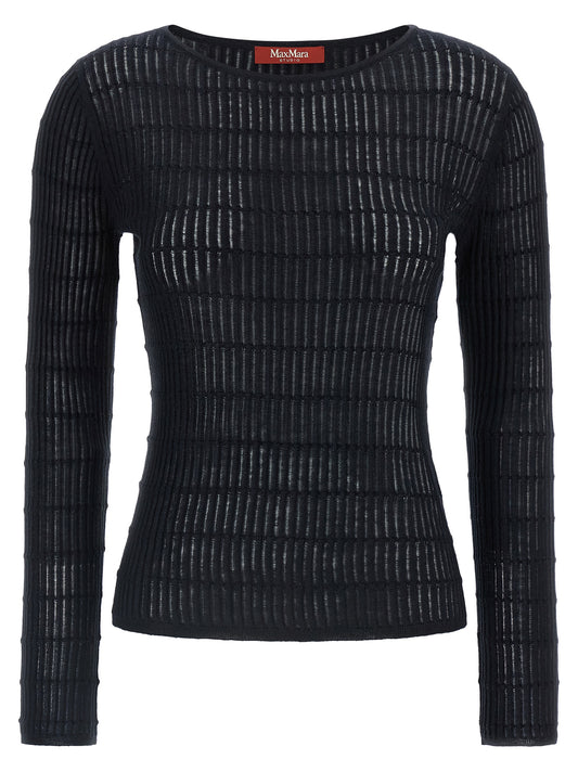 Cardigan by Max Mara for women in wool & silk blue features an impeccable silhouette, showcasing a sophisticated boat neckline and long-sleeve detail for a truly impeccable finish.