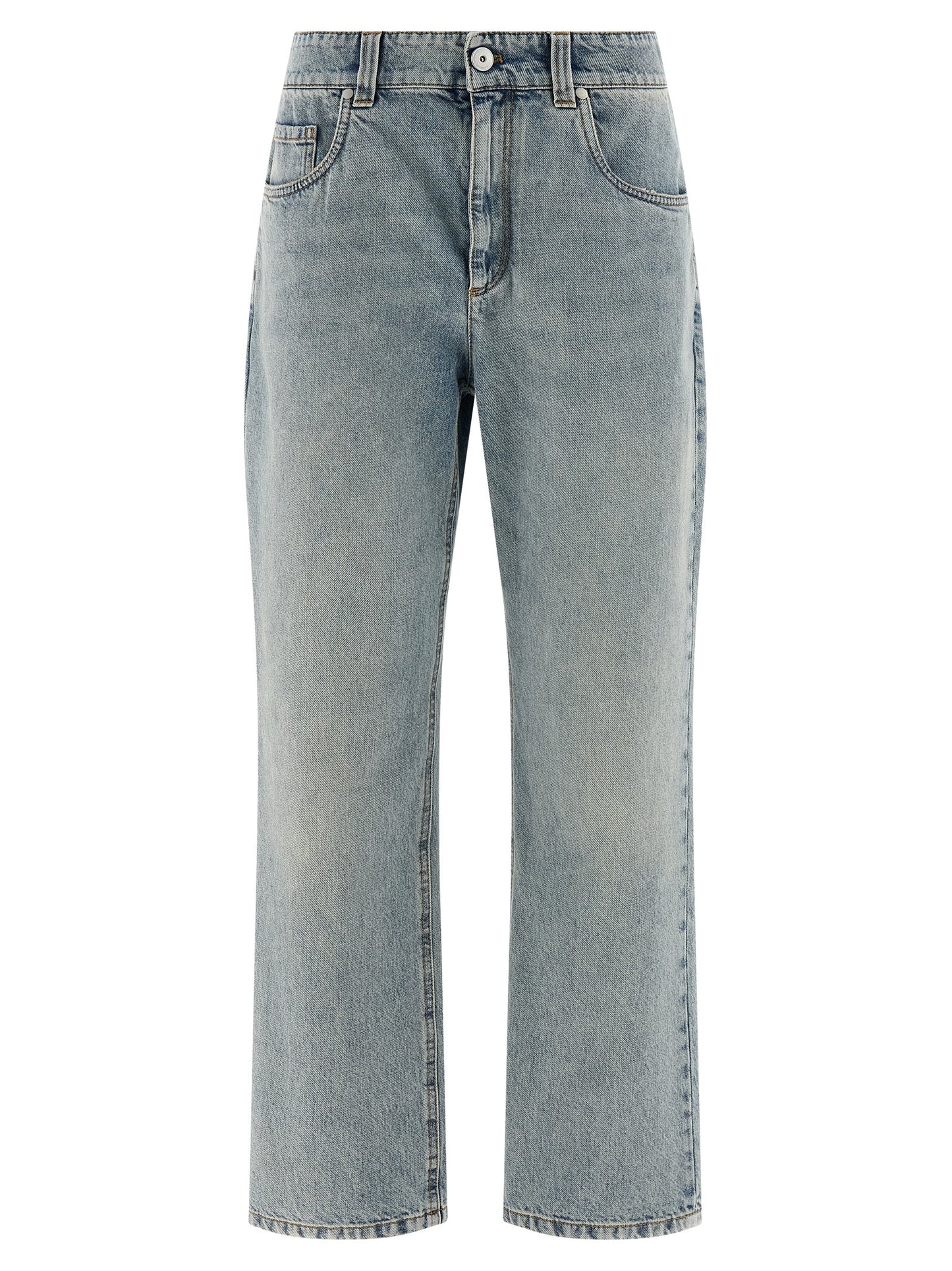 Jeans by Brunello Cucinelli for women in cotton denim light-blue presents a tailored silhouette, showcasing a tailored straight-leg & relaxed-fit and long cut with a refined high rise for a truly tailored aesthetic.