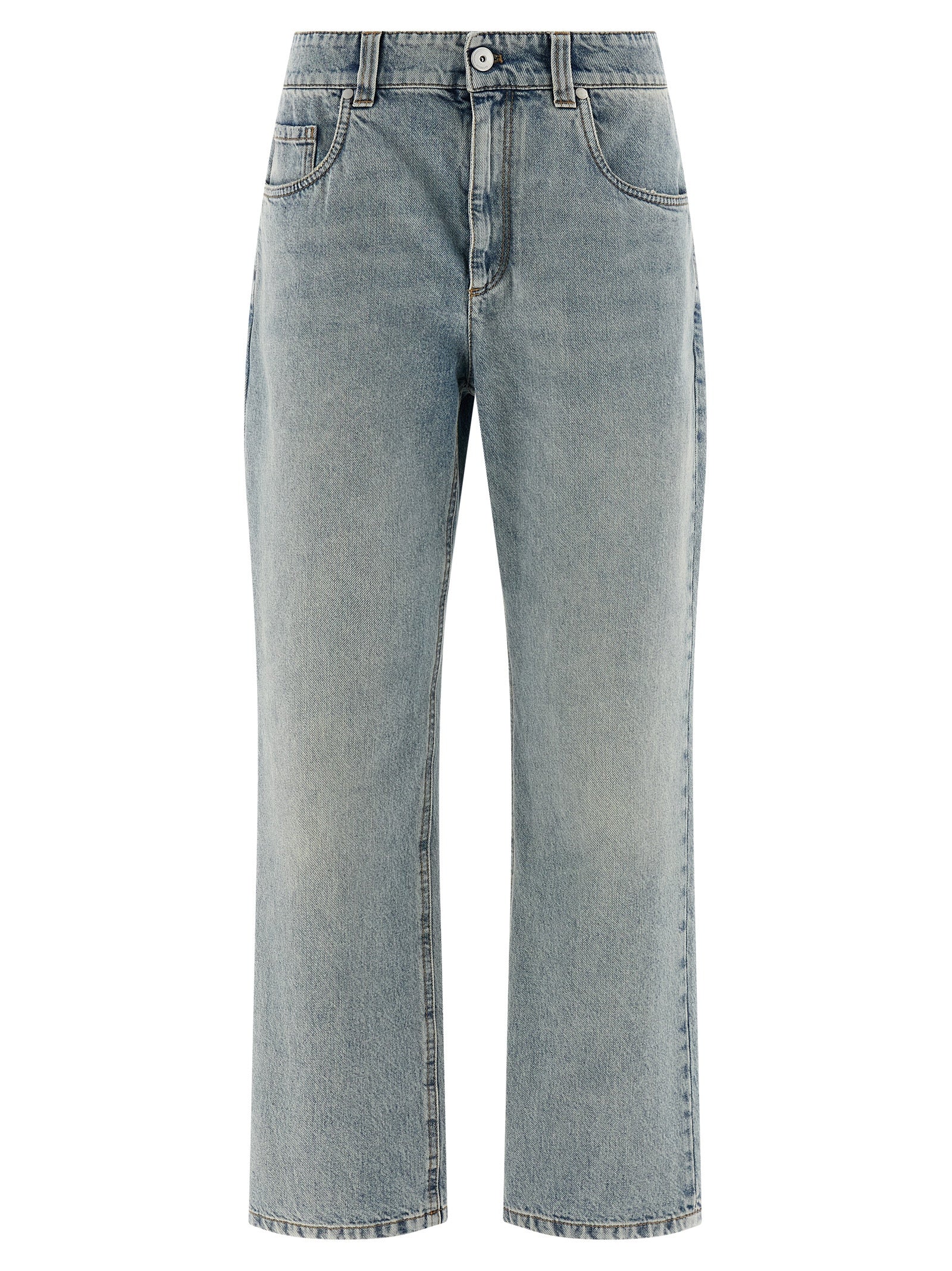 Jeans by Brunello Cucinelli for women in cotton denim light-blue presents a tailored silhouette, showcasing a tailored straight-leg & relaxed-fit and long cut with a refined high rise for a truly tailored aesthetic.