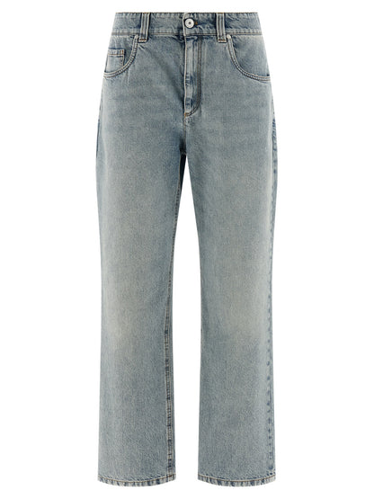Jeans by Brunello Cucinelli for women in cotton denim light-blue presents a tailored silhouette, showcasing a tailored straight-leg & relaxed-fit and long cut with a refined high rise for a truly tailored aesthetic.