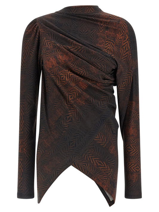 Shirt by Kiko Kostadinov for women in cotton & feathers brown, patterned & print showcases a sleek silhouette, elegantly detailed with a sleek round neckline and long-sleeve for a sleek finish.