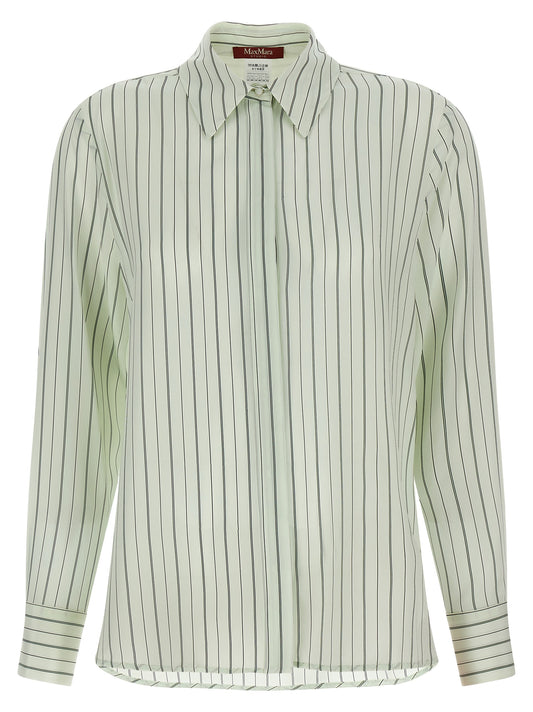 Blouse by Max Mara for women in silk crepe bicolour, green, print & striped features an architectural silhouette with a refined long-sleeve and elegant for a architectural look.