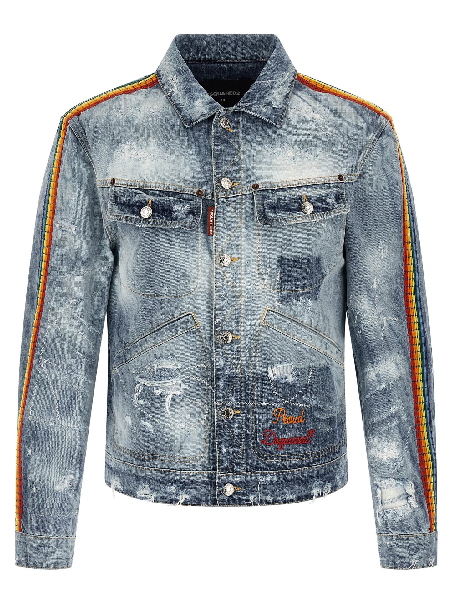 Trucker Jacket by Dsquared² for men in denim cotton blue & multicolor features an contemporary silhouette, showcasing a sophisticated shirt-collar neckline and contemporary pockets for a truly refined look.