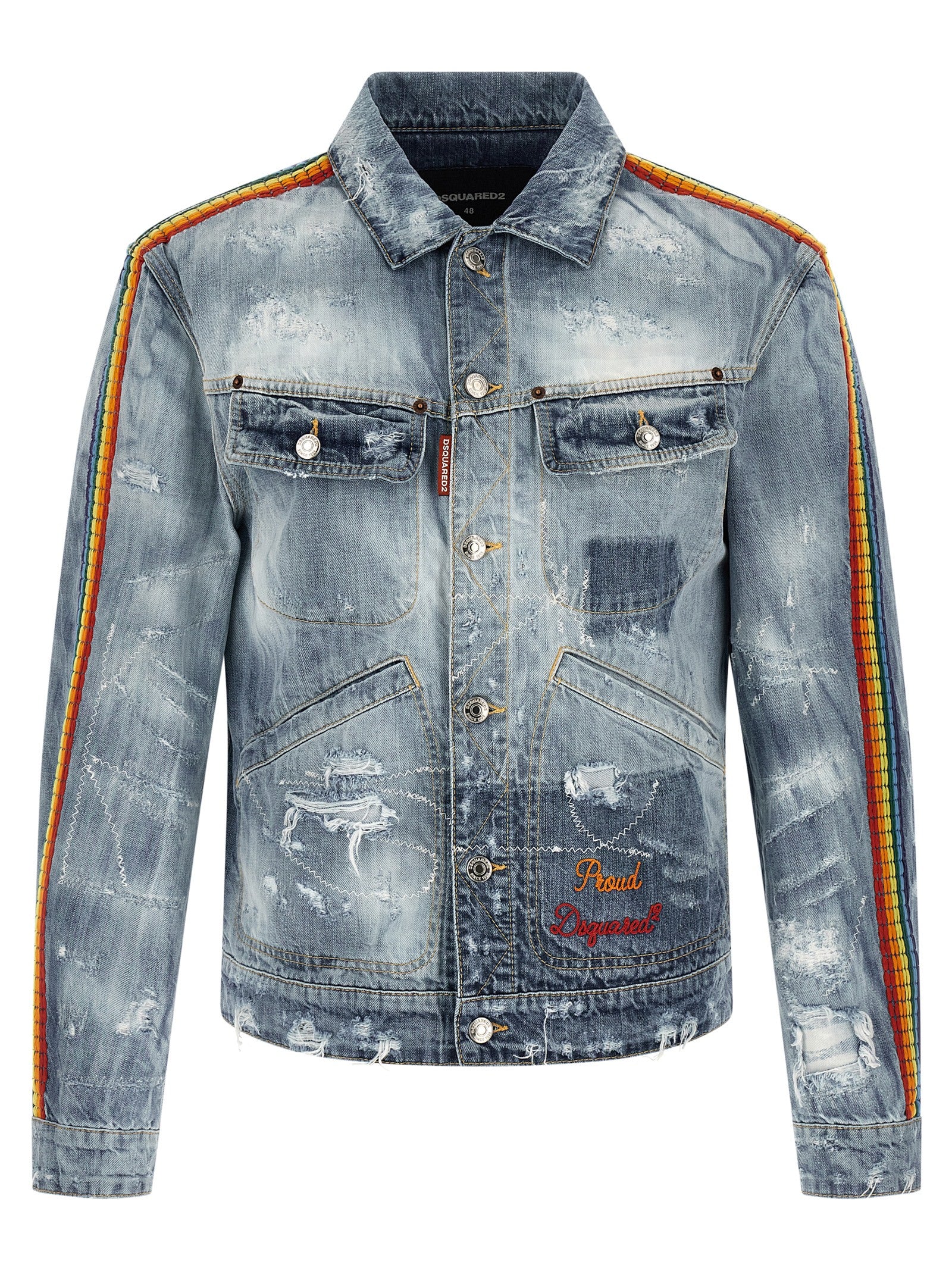 Trucker Jacket by Dsquared² for men in denim cotton blue & multicolor features an contemporary silhouette, showcasing a sophisticated shirt-collar neckline and contemporary pockets for a truly refined look.