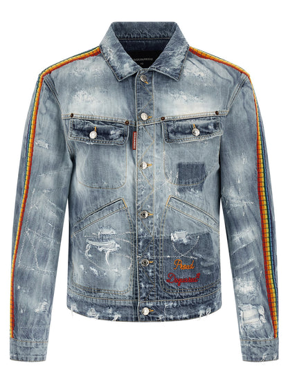 Trucker Jacket by Dsquared² for men in denim cotton blue & multicolor features an contemporary silhouette, showcasing a sophisticated shirt-collar neckline and contemporary pockets for a truly refined look.