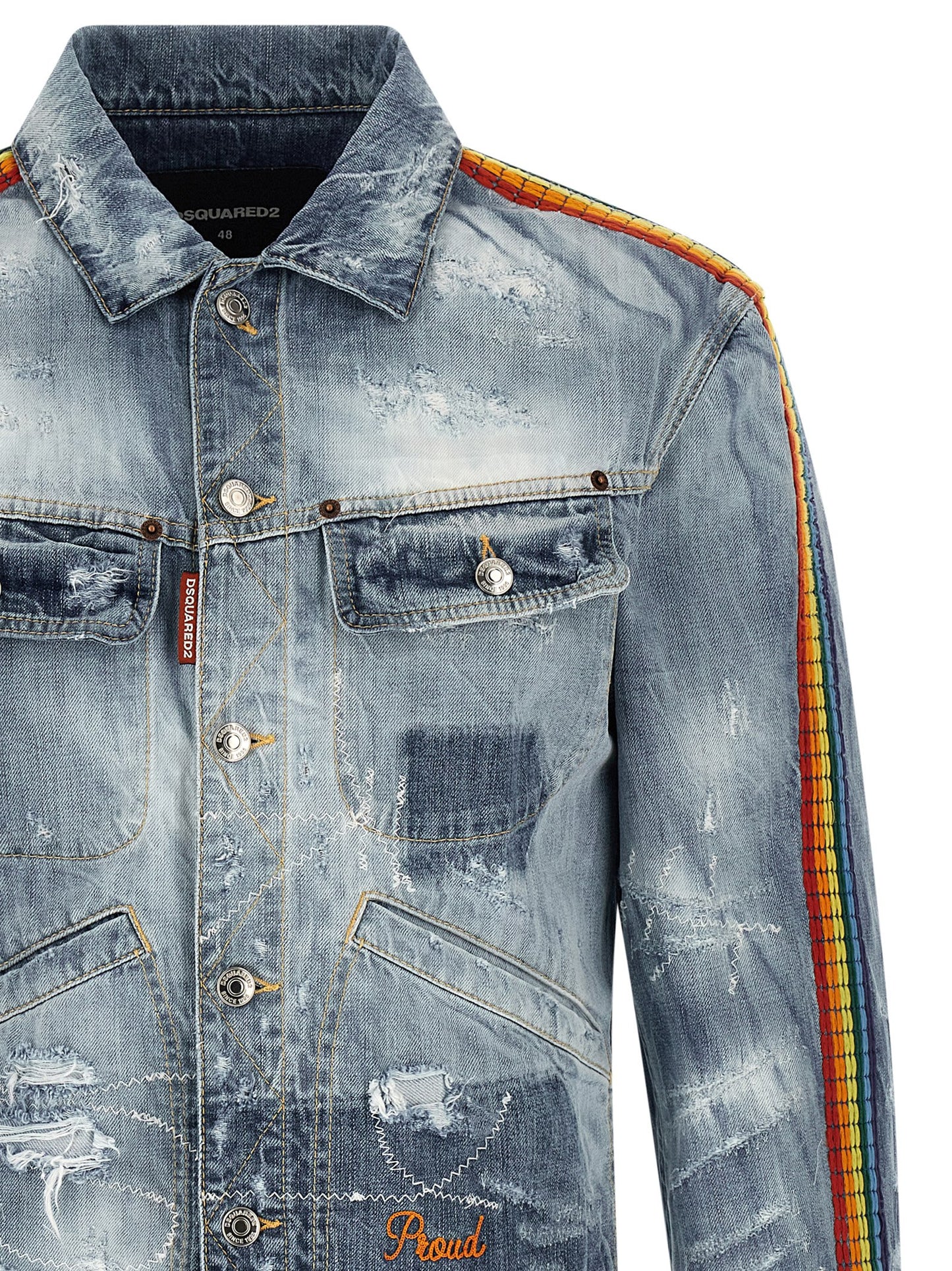 Trucker Jacket by Dsquared² for men in denim cotton blue & multicolor presents a effortlessly chic silhouette, showcasing a sophisticated shirt-collar neckline and premium pockets for a truly effortlessly chic finish.