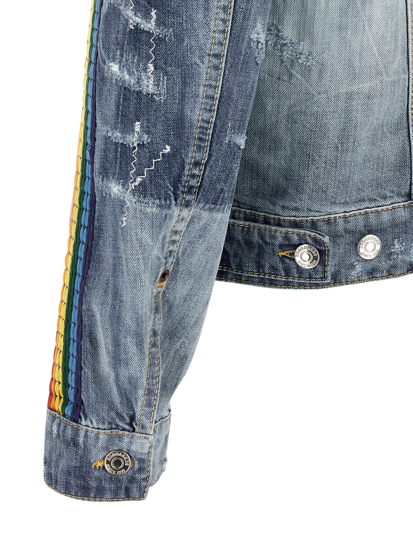 Trucker Jacket by Dsquared² for men in denim cotton blue & multicolor showcases a bohemian silhouette, artfully detailed with a bohemian shirt-collar neckline and signature pockets for a truly bohemian finish.