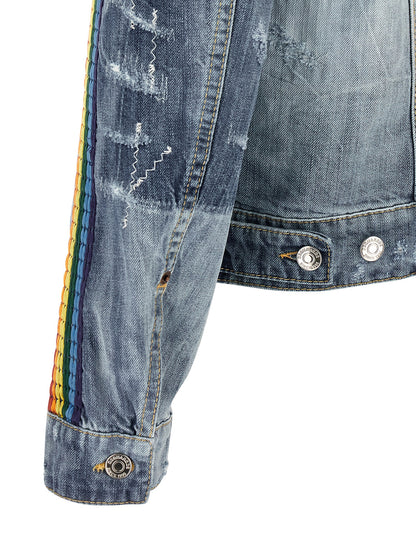 Trucker Jacket by Dsquared² for men in denim cotton blue & multicolor showcases a bohemian silhouette, artfully detailed with a bohemian shirt-collar neckline and signature pockets for a truly bohemian finish.