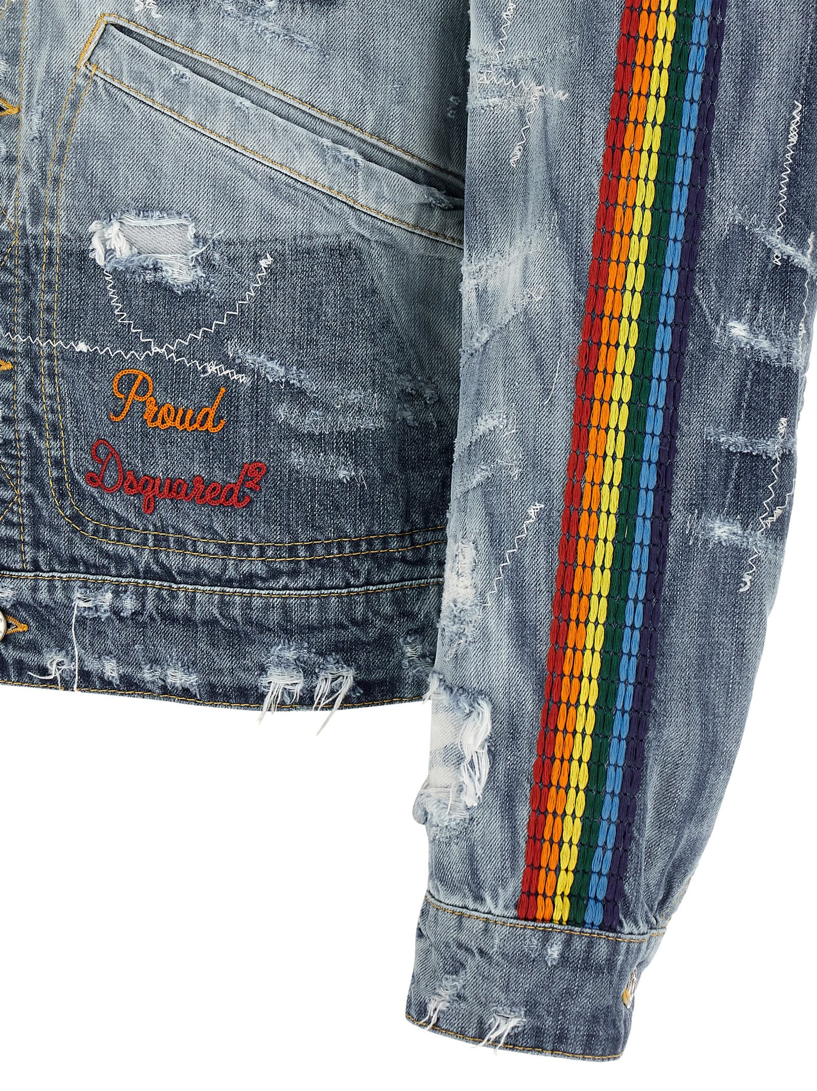 Trucker Jacket by Dsquared² for men in denim cotton blue & multicolor features an on trend silhouette, showcasing refined pockets and a sophisticated for a truly on trend finish.