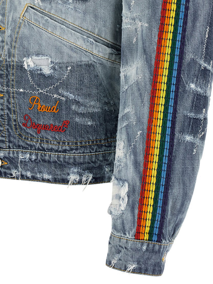 Trucker Jacket by Dsquared² for men in denim cotton blue & multicolor features an on trend silhouette, showcasing refined pockets and a sophisticated for a truly on trend finish.