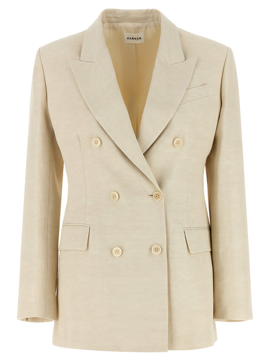 Blazer by P.A.R.O.S.H. for women in linen & viscose beige features an crisp silhouette with sophisticated and a crisp v-neck neckline for a truly crisp finish.