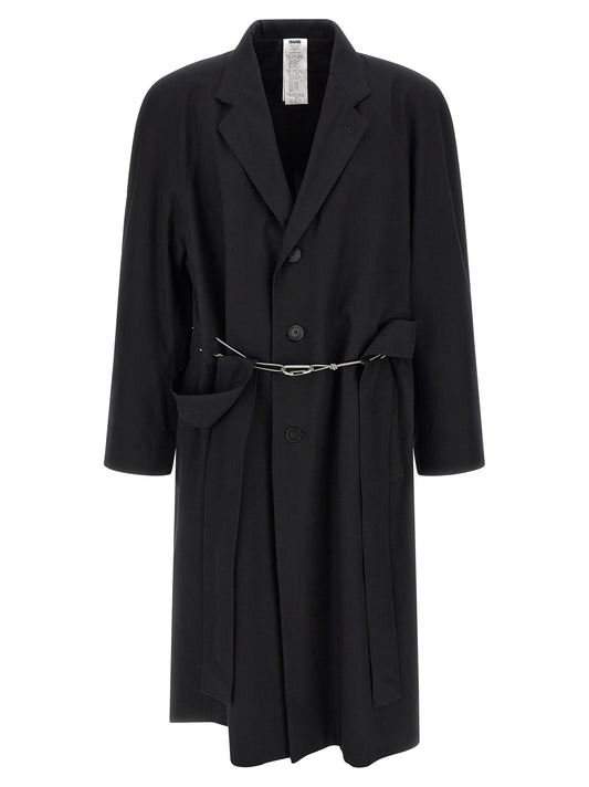Trench Coat by Magliano for men in cotton black presents an sculptural silhouette, artfully detailed with a sculptural v-neck neckline and functional for a truly sculptural finish.