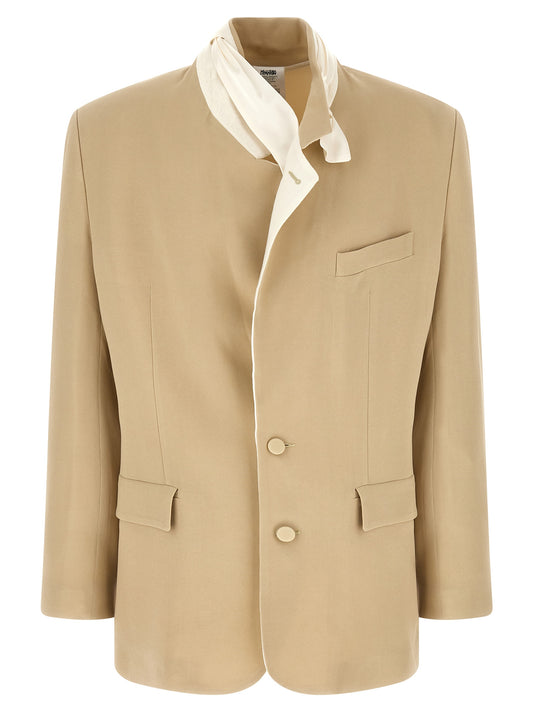 Blazer by Magliano for men in viscose linen & cupro beige & monogram features an crisp silhouette with sophisticated and a crisp for a truly crisp finish.