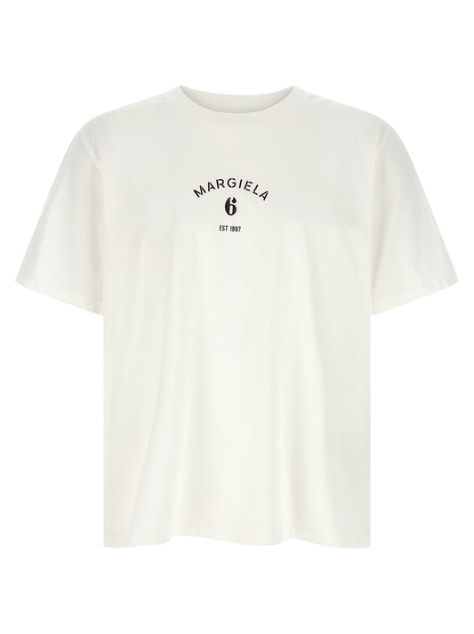 T-Shirt by MM6 Maison Margiela for men in cotton white, signature & print showcases a unassuming silhouette, artfully detailed with a refined crew neckline and unassuming for a sophisticated, contemporary look.