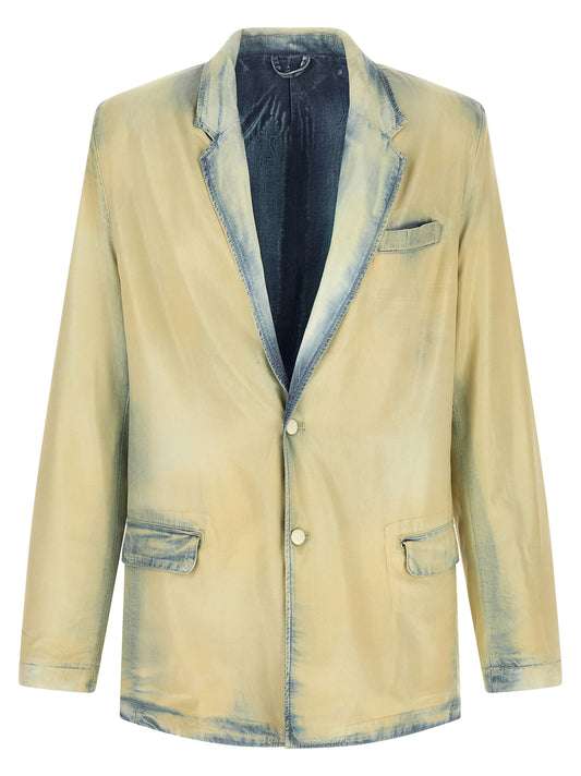 Blazer by Diesel for men in lyocell denim gradient & beige features an sartorial silhouette, showcasing a sophisticated and sartorial for a truly sartorial finish.