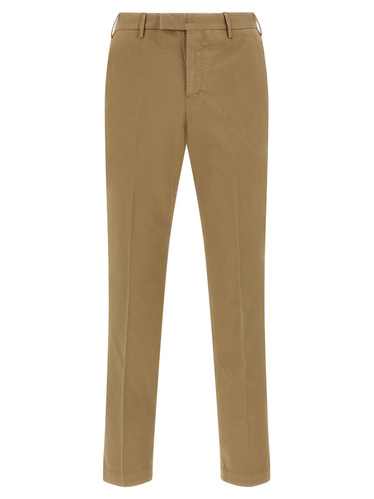 Trousers by PT Torino for men in stretch cotton brown features a artisanal silhouette, showcasing a sophisticated with a long and mid rise for a artisanal finish.