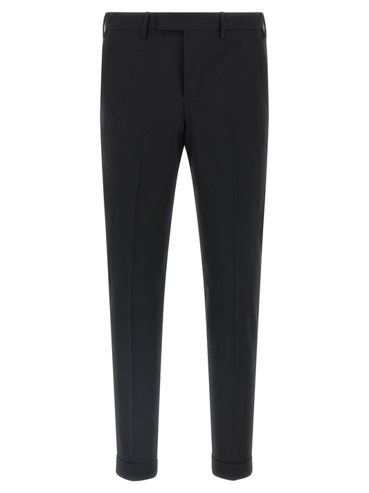Trousers by PT Torino for men in virgin wool black features an sartorial silhouette, showcasing a precise and long with a sartorial mid rise for a refined look.