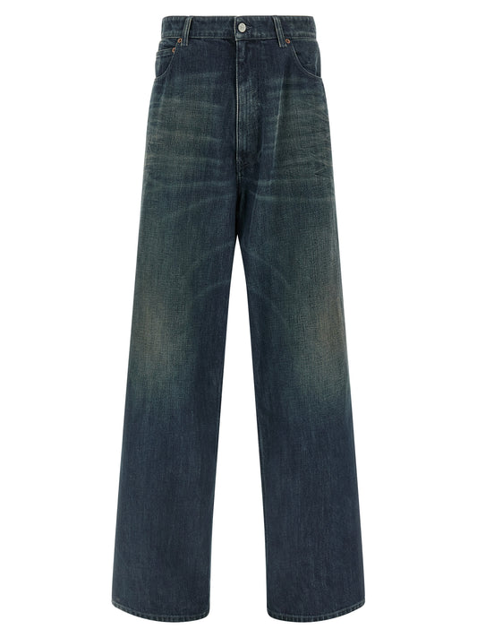 Jeans by MM6 Maison Margiela for men in denim cotton blue, white & signature features a refined silhouette with a refined straight-leg, relaxed-fit, regular-fit & wide, defined by a and a refined long for a refined finish.