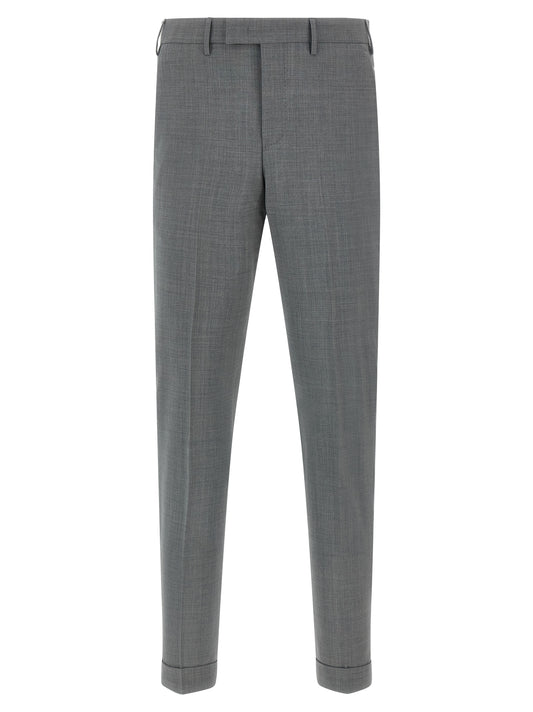 Trousers by PT Torino for men in virgin wool gray features a tailored silhouette with a tailored , defined by its long and a sophisticated mid rise.