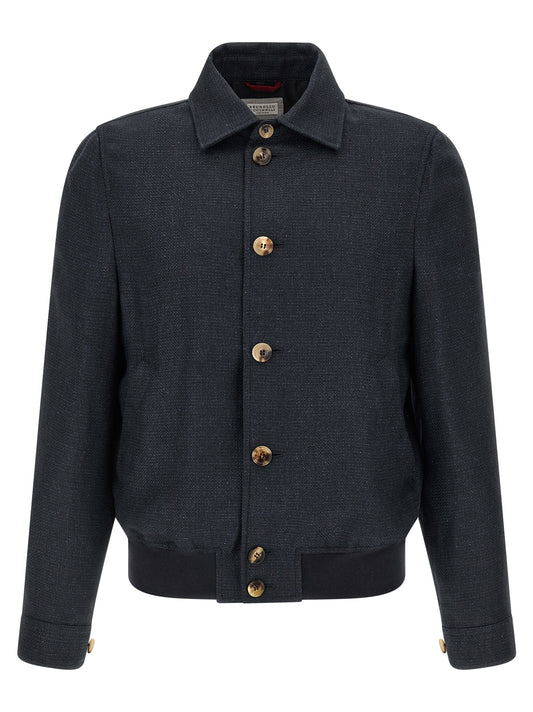 Brunello Cucinelli Men's Biker Cupro Linen Wool Jacket - Blue Natural Patterned