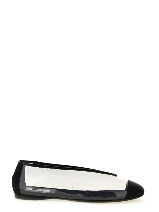 Ballet Flat Shoes by Moschino for women in viscose satin silk pvc leather black showcases a enchanting silhouette as part of the Women's Viscose Satin Silk PVC Leather Ballet Flat Shoes collection, defined by a enchanting and for a enchanting look.