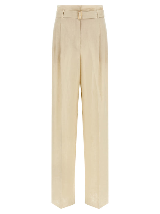 Trousers by Max Mara for women in linen beige presents a smart silhouette, meticulously detailed with a smart wide, a smart long, and a smart high rise.