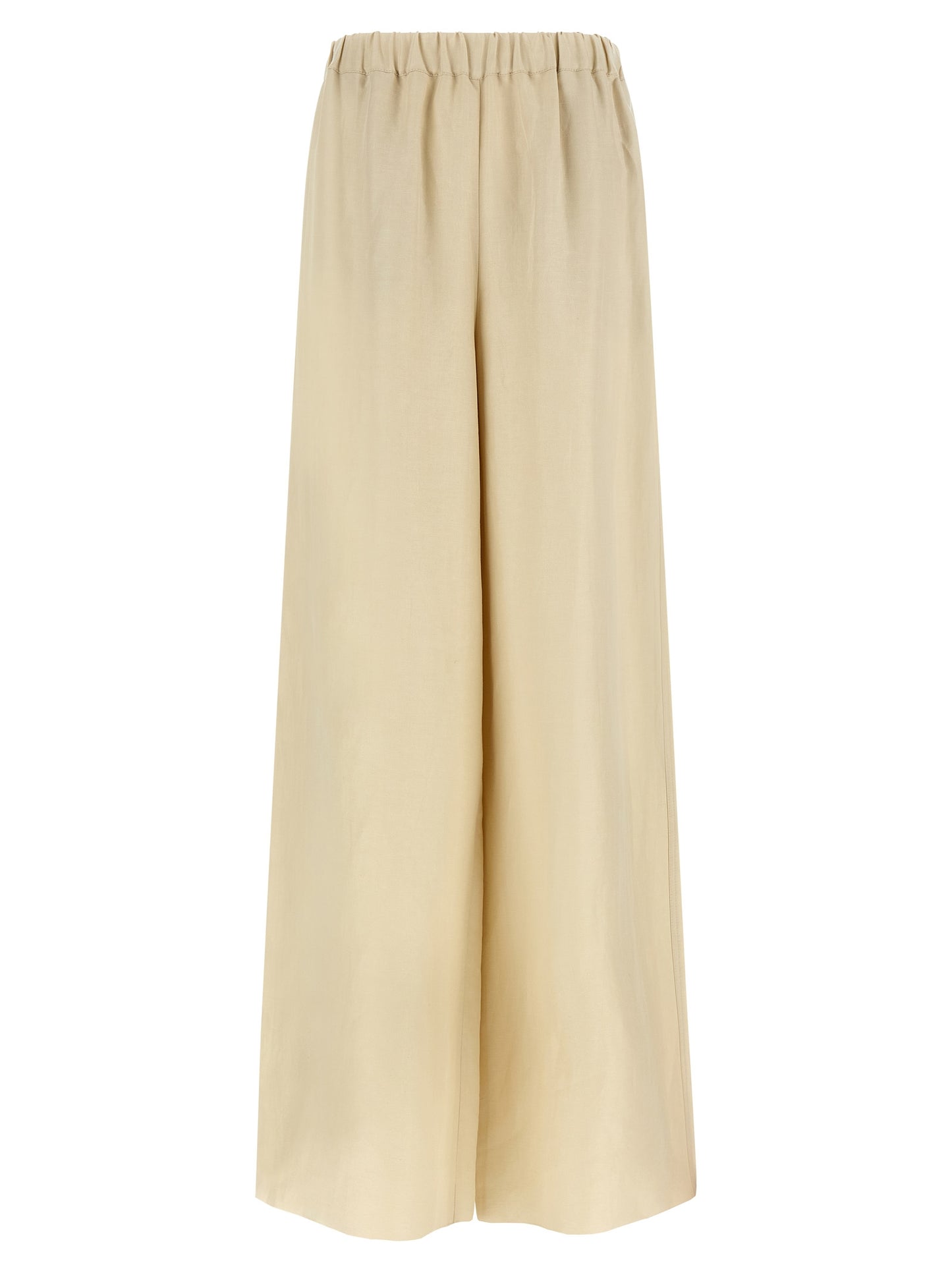 Trousers by Max Mara for women in silk linen twill beige presents a perennial silhouette, meticulously tailored with a straight-leg & wide cut, long finish, and an elegant .