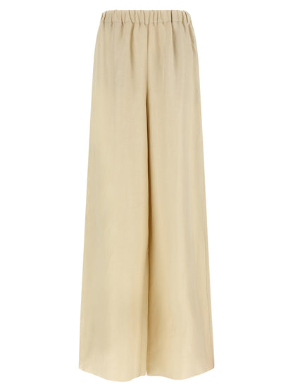 Trousers by Max Mara for women in silk linen twill beige presents a perennial silhouette, meticulously tailored with a straight-leg & wide cut, long finish, and an elegant .