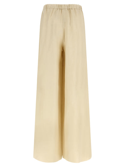 Trousers by Max Mara for women in silk linen twill beige features a artisanal silhouette, showcasing a sophisticated straight-leg & wide with a long and for a artisanal finish.