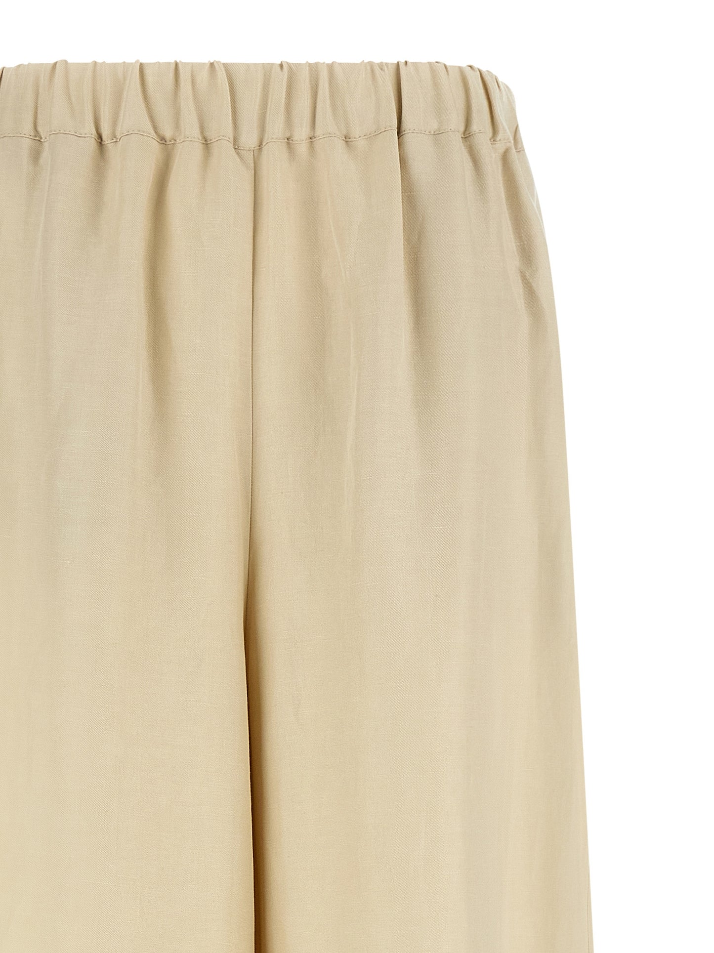Trousers by Max Mara for women in silk linen twill beige features an sartorial silhouette, showcasing a precise straight-leg & wide and long with a sartorial for a refined look.