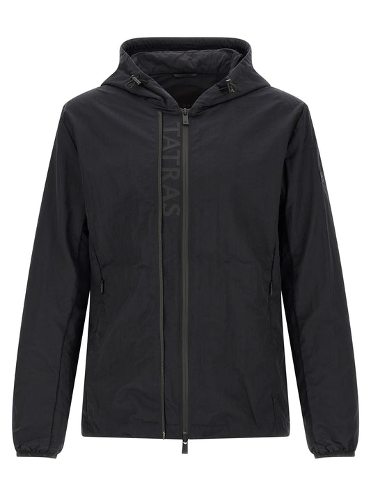 Hooded Windbreaker Jacket by Tatras for men in nylon fabric black & print features an stylish silhouette, showcasing a sophisticated hooded neckline and performance-driven pockets, hooded & windproof for a premium, stylish look.