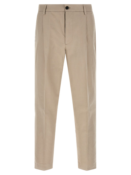 Casual Pants by Department 5 for men in cotton & linen beige presents a tailored silhouette, showcasing a tailored wide and long cut with a refined for a truly tailored aesthetic.