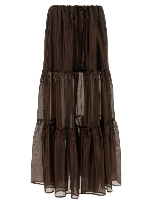 Skirt by Twinset for women in stretch cotton polyester brown & transparent showcases a sultry silhouette, elegantly defined by its mini and the sophisticated sultry design of the Flow Women's Flared Stretch Cotton Polyester Mini Skirt.