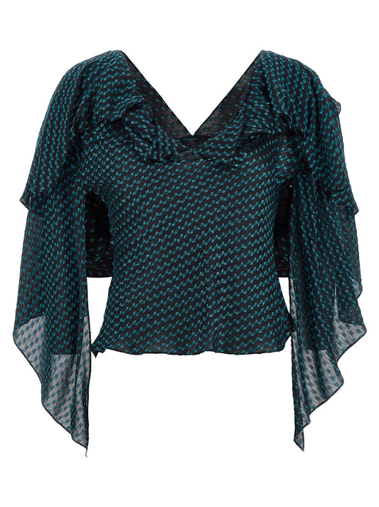 Blouse by Kiko Kostadinov for women in virgin wool & polyester blue & jacquard, featuring a nuanced and nuanced v-neck shawl-collar neckline for a sophisticated finish.