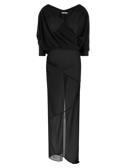 Dress by Entire Studios for women in polyester black & transparent presents a sinuous silhouette, showcasing a sophisticated v-neck split neckline and detailed with a sinuous long for a refined finish.