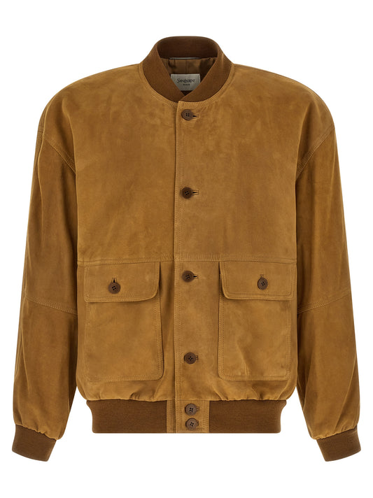 Bomber Jacket by Saint Laurent for men in lamb leather & wool brown & horn features a dramatic silhouette, showcasing a sophisticated and distinctive pockets for a dramatic aesthetic.