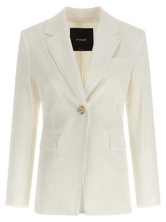 Blazer by PINKO for women in linen cotton & viscose horn & white showcases a polished silhouette, highlighted by a refined and polished for a sophisticated finish.