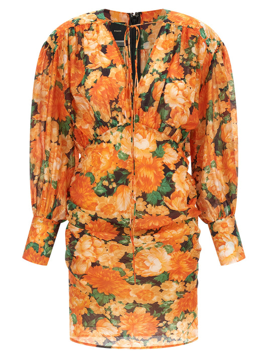 Dress by PINKO for women in polyamide & lyocell orange & print showcases a striking silhouette, elegantly detailed with a , refined v-neck neckline, and a striking short mini for a striking finish.